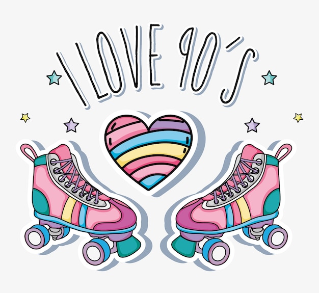 Vector me encantan los dibujos animados de los años 90, los patines y el corazón