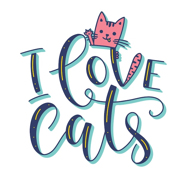 Me encantan los gatos caligrafía coloreada escrita a mano con garabato gatito