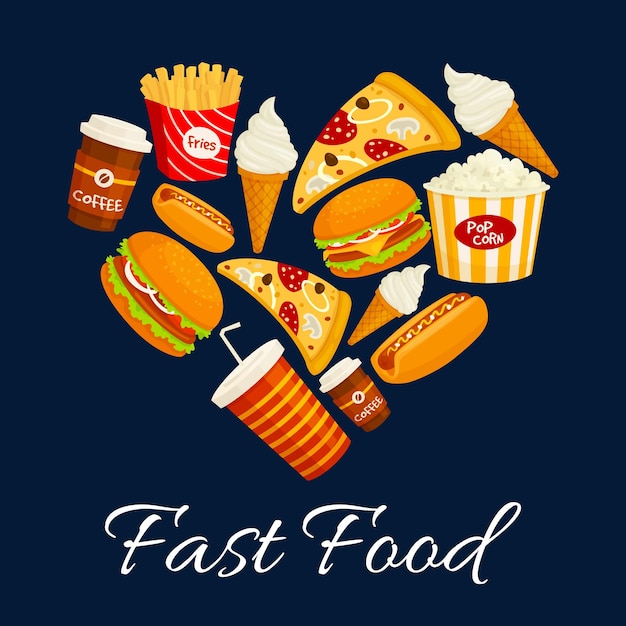 Me encantan los iconos planos de comida rápida en forma de corazón
