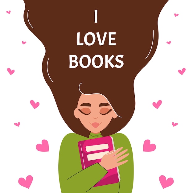 Me encantan los libros. Chica abrazando libro. Concepto de lectura, desarrollo, educación. Ilustración plana