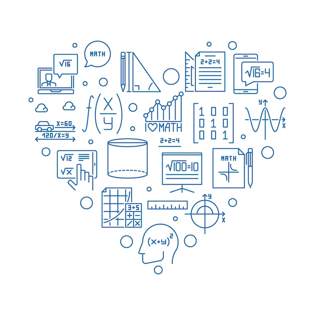 Me encantan las matemáticas vector contorno banner en forma de corazón Ilustración del concepto de matemáticas