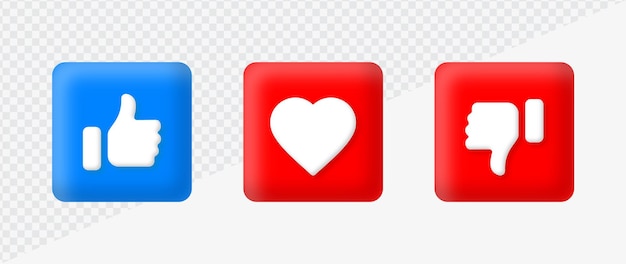 Me gusta el botón de aversión de los pulgares hacia arriba y hacia abajo el icono del corazón para los botones de iconos de notificación de redes sociales 3d