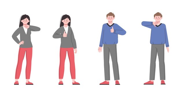 Me gustan los personajes positivos y negativos persona casual divertida y triste mujer hombre retroalimentación o revisión señales de votación moderna espléndida escena vectorial de adultos