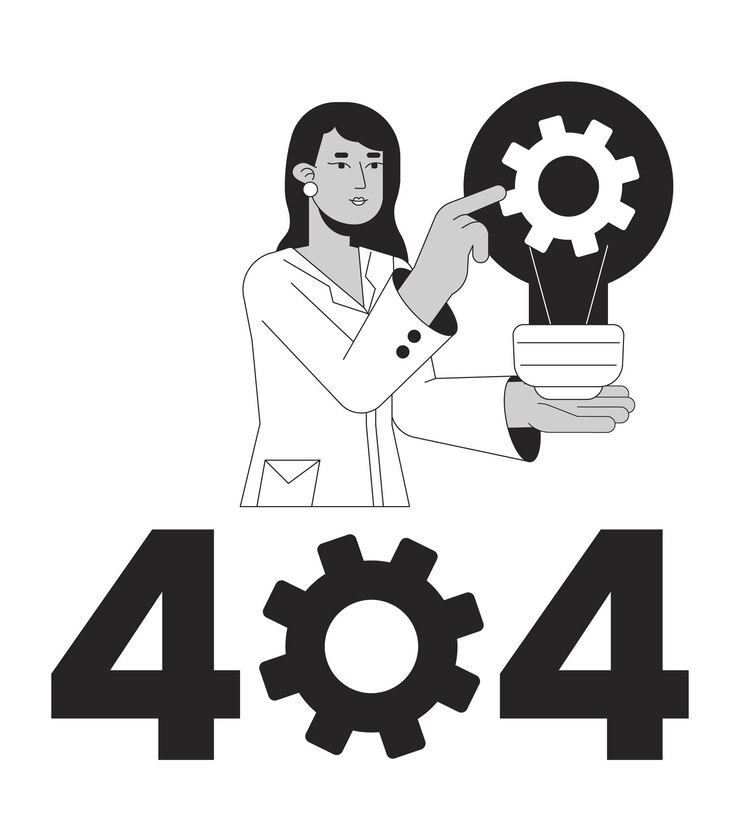 Vector mecánica ciencia negro blanco error 404 mensaje flash mujer ocupada gira rueda dentada monocromo estado vacío diseño de interfaz de usuario página no encontrada popup imagen de dibujos animados vector contorno plano ilustración concepto