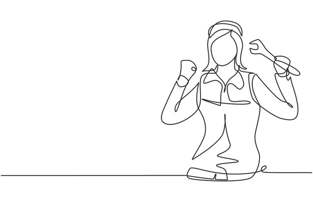 Mecánica femenina de dibujo continuo de una línea con gesto de celebración y vector de trabajos de llave inglesa