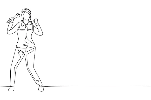 Mecánica femenina de dibujo de una sola línea se levanta con un gesto de celebración y sostiene un vector de llave inglesa