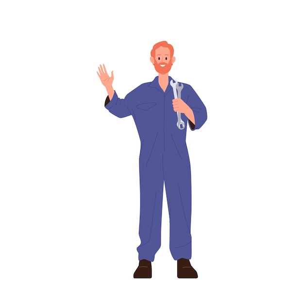 Mecánico automotriz trabajador personaje sosteniendo herramientas llave inglesa de pie aislado en fondo blanco Ilustración vectorial de trabajador de servicio de garaje listo para reparar automóviles o reparar piezas de repuesto de automóviles
