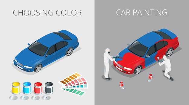 Mecánico de automóviles coche de pintura profesional en una cámara de pintura durante los trabajos de reparación. elegir el color para pintar el coche. ilustración isométrica de vector plano 3d.