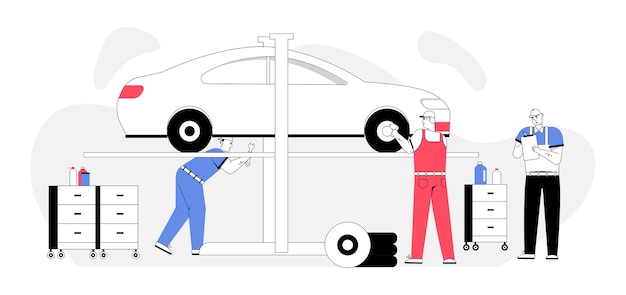 El mecánico de automóviles inspecciona el automóvil, repara la rueda, redacta el acuerdo, factura al cliente en el servicio del automóvil.