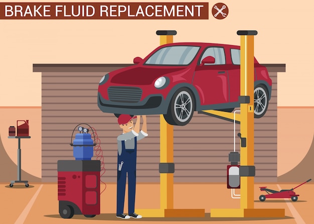 Vector mecánico de automóviles repara vehículo rojo en ascensor. servicio de auto