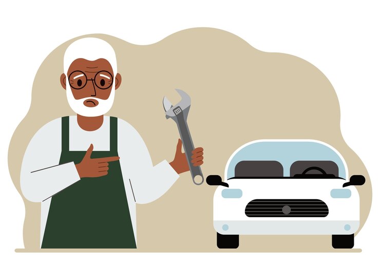 Vector mecánico de automóviles en un taller de automóviles cerca de un automóvil blanco un hombre sostiene una llave en la mano concepto de reparación de automóviles cartel publicitario banner