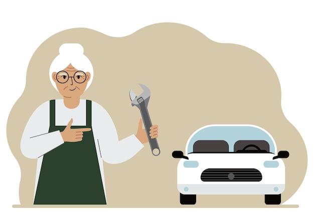 Mecánico de automóviles en un taller de automóviles cerca de un automóvil blanco Una mujer sostiene una llave en la mano Concepto de reparación de automóviles Cartel publicitario banner