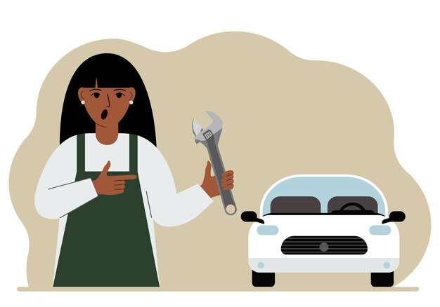 Mecánico de automóviles en un taller de automóviles cerca de un automóvil blanco Una mujer sostiene una llave en la mano Concepto de reparación de automóviles Cartel publicitario banner