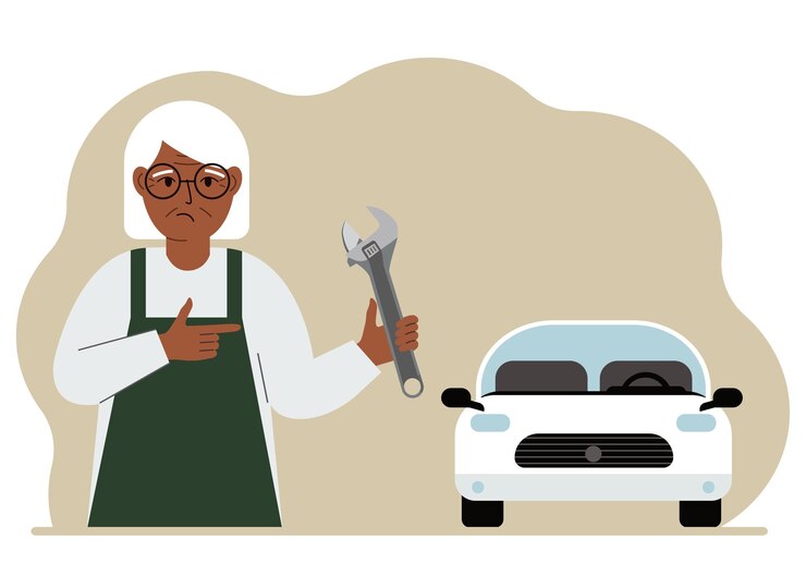 Vector mecánico de automóviles en un taller de automóviles cerca de un automóvil blanco una mujer sostiene una llave en la mano concepto de reparación de automóviles cartel publicitario banner