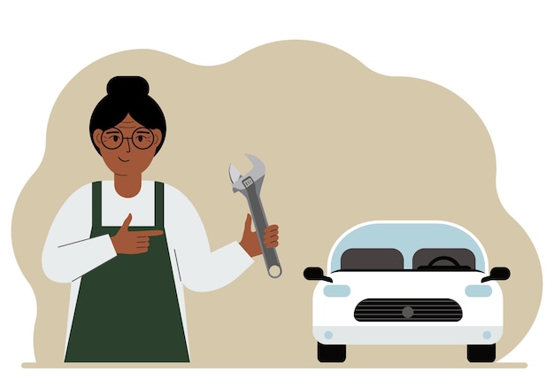 Mecánico de automóviles en un taller de automóviles cerca de un automóvil blanco una mujer sostiene una llave en la mano concepto de reparación de automóviles cartel publicitario banner