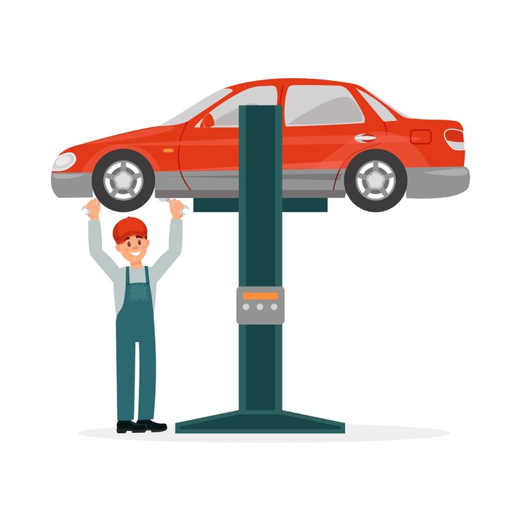 Vector mecánico de automóviles en uniforme de pie bajo el coche rojo levantado en el vector de elevación automática ilustración sobre un fondo blanco