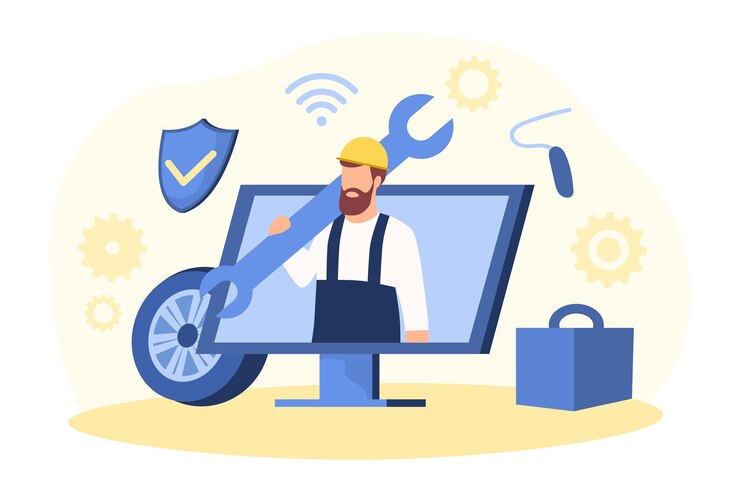 Vector mecánico en computadora hombre repara averías técnicas concepto de ayuda en línea teletrabajo trabajador de llamada