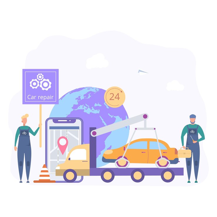 Vector un mecánico está reparando un automóvil salida de un especialista en el lugar del servicio de reparación de automóviles evacuación servicio de automóviles reparación de automóviles asistencia las 24 horas vector colorido