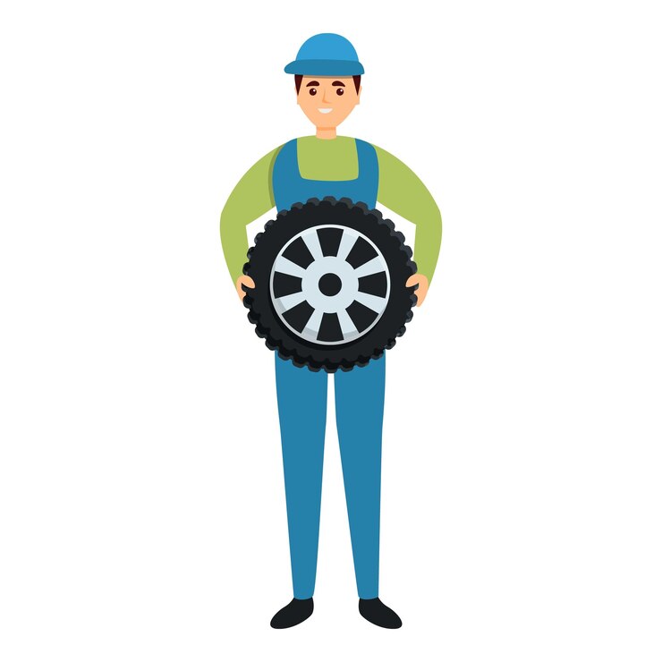 Vector mecánico con icono de rueda caricatura de mecánico con ícono vectorial de rueda para diseño web aislado en fondo blanco