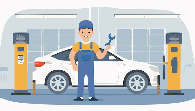 Mecánico en mono azul de pie cerca de coche roto blanco en vehículos de servicio Ilustración vectorial