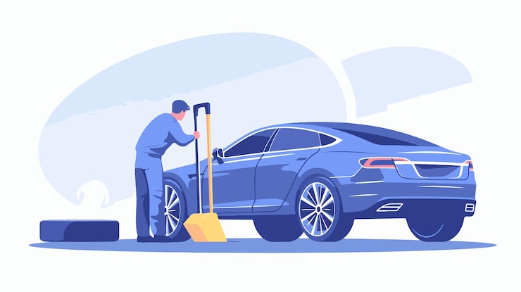 Vector mecánico profesional cambiando la rueda del coche con llave inglesa
