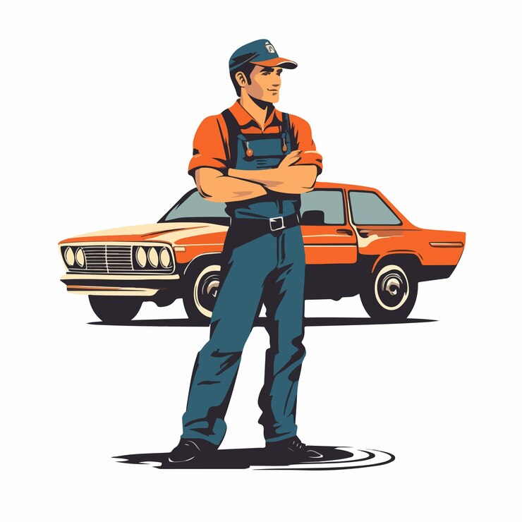 Vector mecánico profesional trabajando en una máquina de automóviles en una ilustración vectorial de fondo blanco