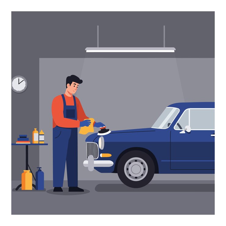 Vector mecánico pulindo un coche azul clásico en un garaje moderno con herramientas y reloj