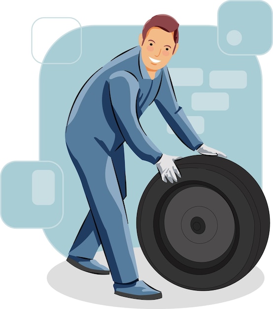 Mecánico trabajador masculino arreglando neumáticos de automóviles y reemplazo en taller de automóviles