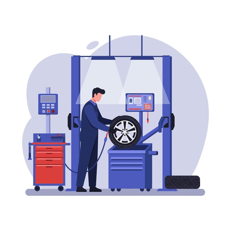Vector mecánico trabajando en un neumático de automóvil en un taller de automóviles en una ilustración de vector plano