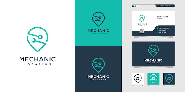 Mecánico de ubicación Diseño de logotipo y tarjeta de visita pin ubicación mapa servicio reparación Vector Premium