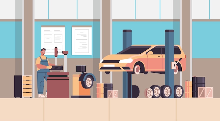 Vector mecánico en uniforme reparando llantas hombre trabajando y arreglando ruedas servicio de automóviles reparación de automóviles y chequear concepto estación de mantenimiento interior horizontal ilustración vectorial de longitud completa