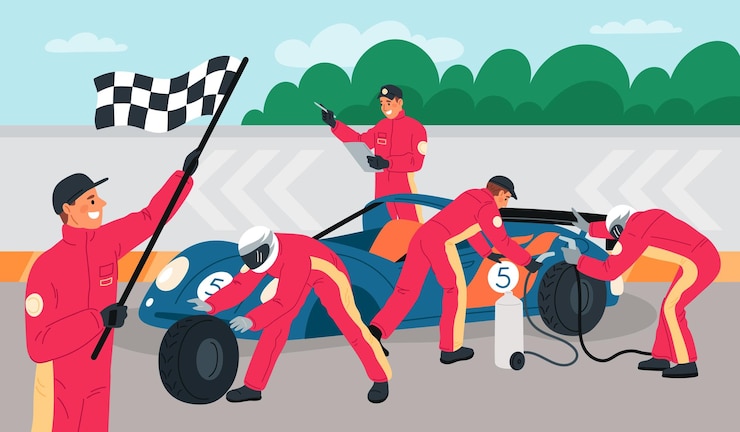 Vector mecánicos profesionales de paradas en boxes reparación de automóviles en carreras deportivas mantenimiento rápido de automóviles equipo de trabajadores en uniforme competición de carreras cambio de neumáticos equipo de técnicos concepto vectorial de garish