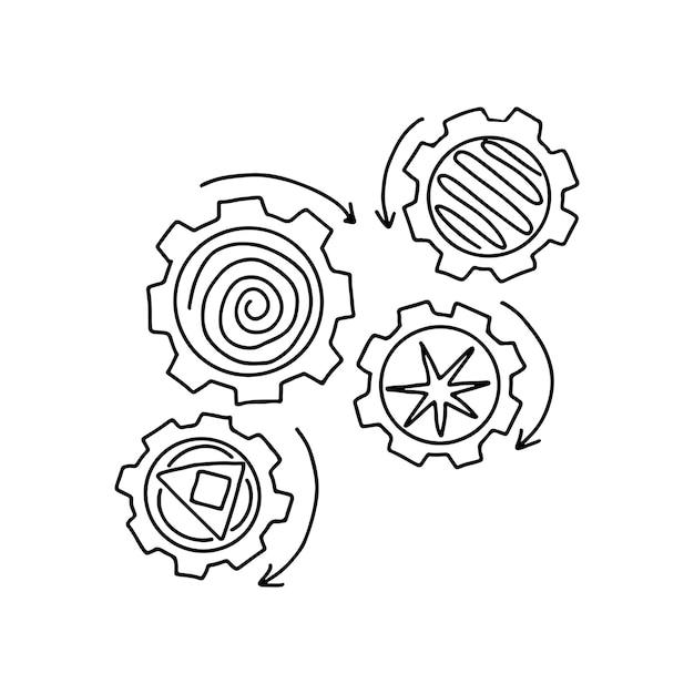 Mecanismo de engranajes en estilo Doodle Icono para el trabajo en equipo de ideas de negocios Ilustración vectorial aislada en blanco