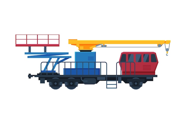 Vector mecanismo de grúa ferroviaria de tren de mercancías para levantar y mover carga transporte ferroviario ilustración vectorial plana en fondo blanco