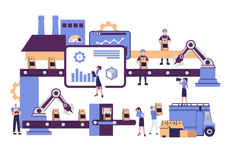 Vector el mecanismo de producción inteligente del trabajador de la industria está conectado con la colaboración ilustración de estilo plano