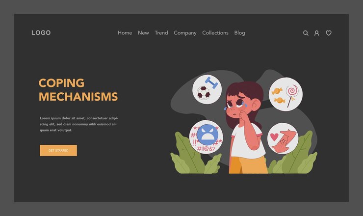 Vector mecanismos de afrontamiento modo oscuro o nocturno aterrizaje web chica llorando estrategias variadas dulces y comida