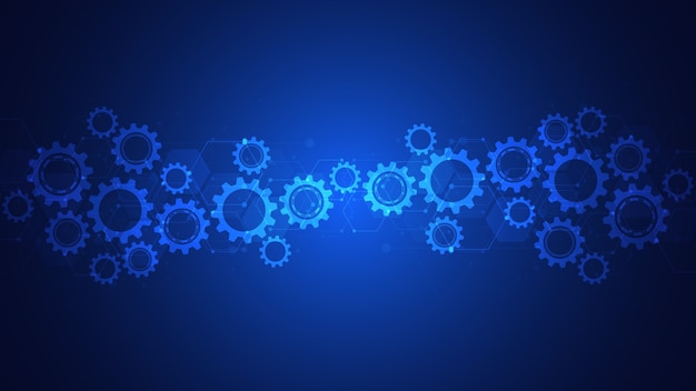 Mecanismos de engranajes y piñones. Tecnología e ingeniería digital de alta tecnología. Fondo técnico abstracto.