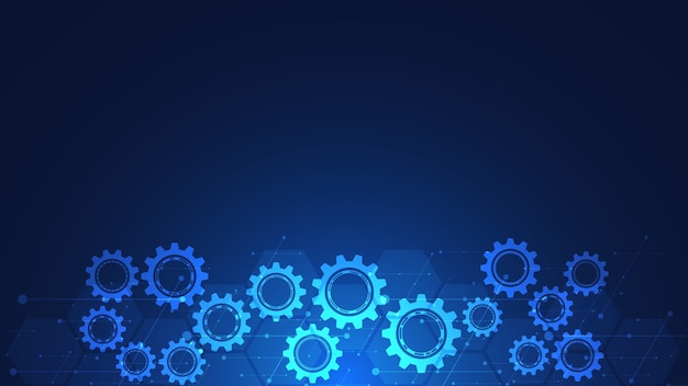 Mecanismos de engranajes y piñones. Tecnología e ingeniería digital de alta tecnología. Fondo técnico abstracto.