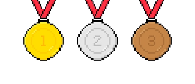 Medalla de bronce de plata de 8 bits de arte de píxeles con cinta roja 1o, 2o y 3o lugares Ilustración vectorial