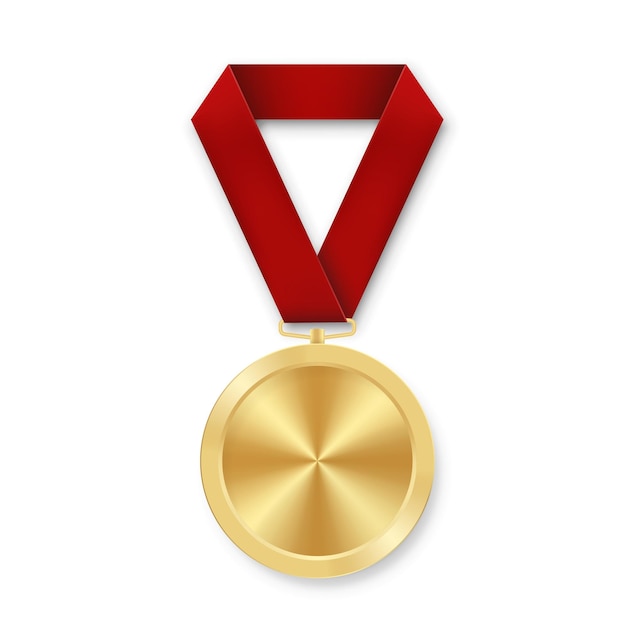 Vector medalla deportiva de premio dorado para ganadores con cinta roja trofeo de primer lugar insignias de honor