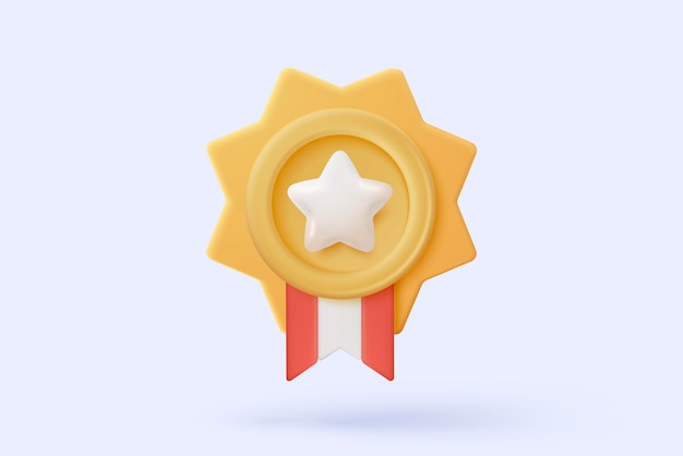 Medalla de ganador 3D con estrella y cinta en el certificado Garantía de calidad del producto Premio de campeón con estilo minimalista de dibujos animados Ícono de calificación ganador de 3D Ilustración de renderización vectorial
