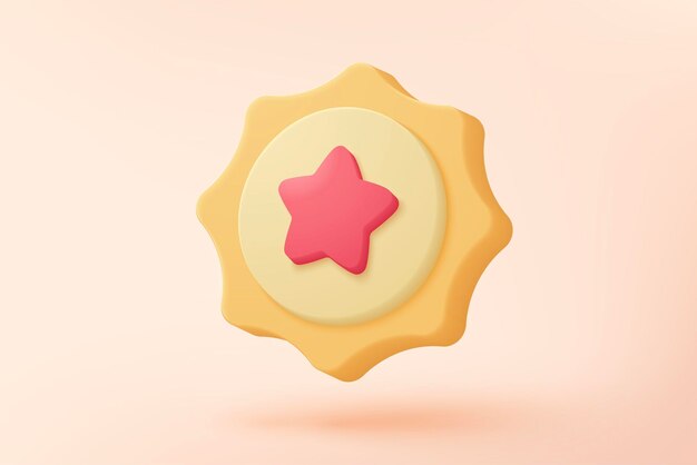 Medalla de ganador 3D con estrella y cinta en fondo amarillo pastel Garantía de calidad del producto Premio de campeón con estilo minimalista de dibujos animados Gráficos 3D Medalla de clasificación Icono de renderización vectorial Ilustración