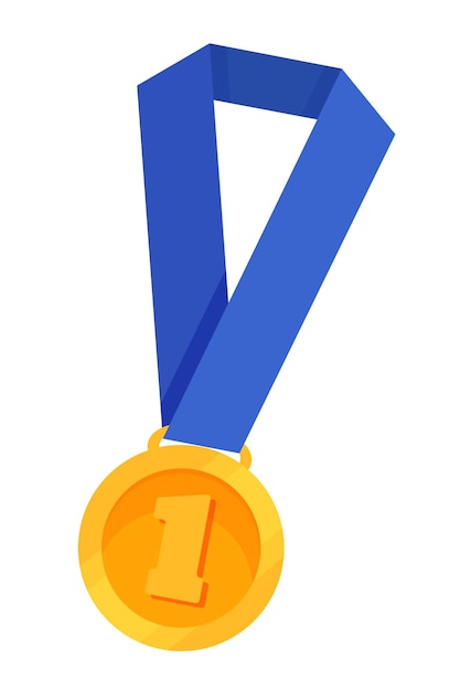Medalla del ganador del trofeo de oro con cinta azul Premio de la medalla del trofeo por ganar competiciones y eventos deportivos Símbolo del éxito Premio de liderazgo por el primer lugar Ilustración vectorial aislada