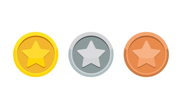 Medalla de juego de monedas con el icono de estrella. Medalla de oro, plata y bronce. Premio 1er, 2do y 3er lugar. Vector sobre fondo blanco aislado. EPS 10.