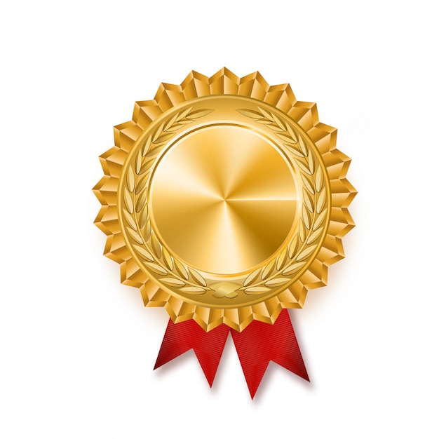 Medalla de oro con cinta roja. Ilustración de premio metálico ganador.
