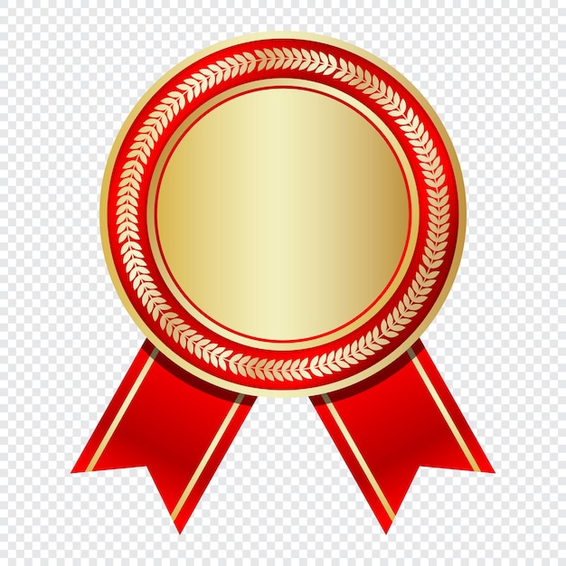 Medalla de oro con cinta roja insignia de oro con cinta roja medalla de oro en blanco campeón y ganador premios medalla deportiva ilustración vectorial