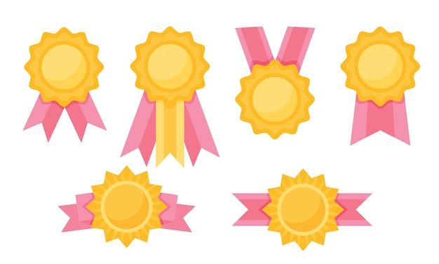 Medalla de oro de garantía de calidad de colección con cinta rosa premio de marca de alta calidad rosette trofeos con cinta ilustración vectorial en estilo plano aislado sobre fondo blanco