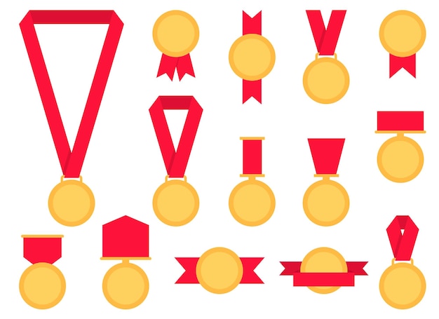 Medalla de oro con ilustración de vector de cinta roja en estilo plano
