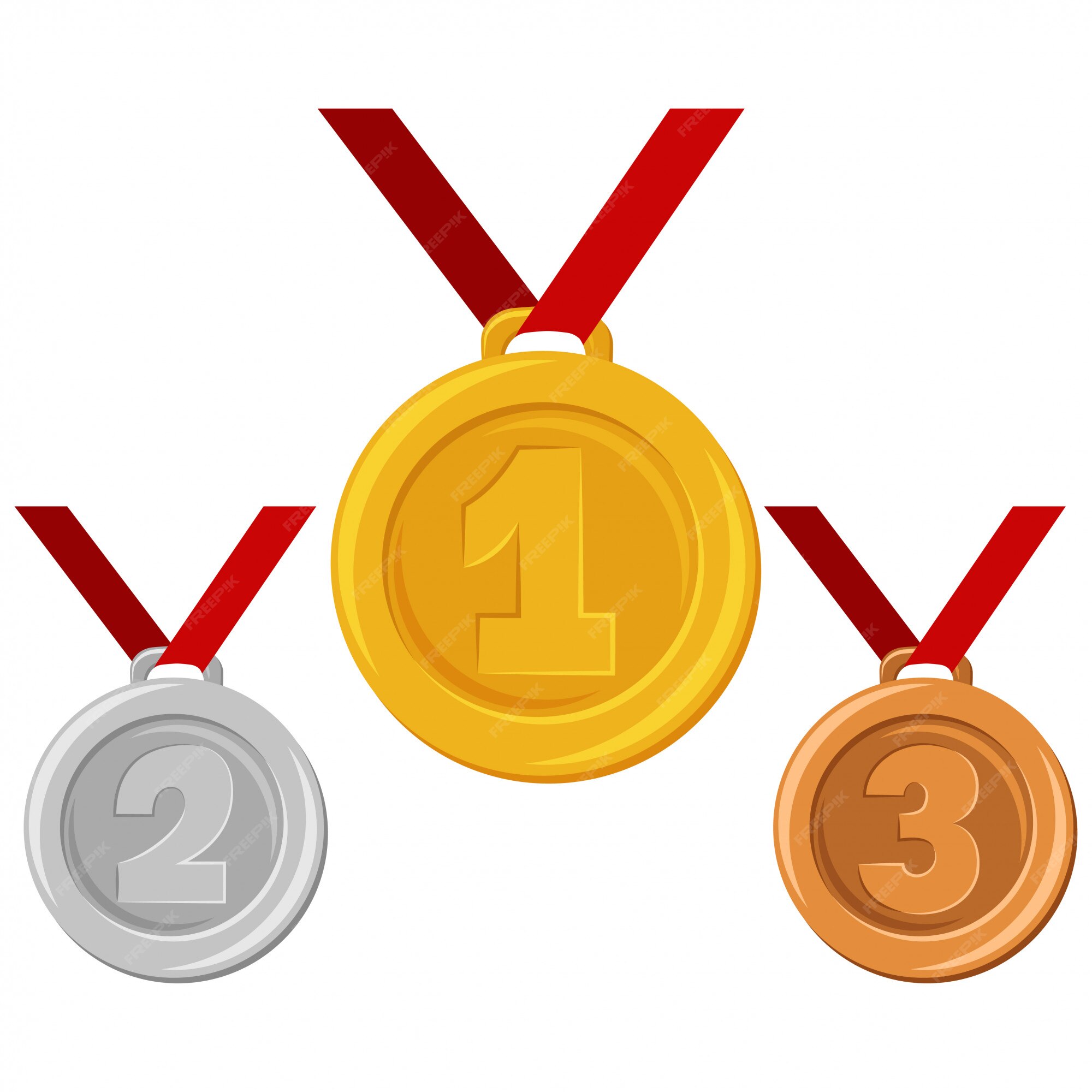 Medalla de oro, plata o bronce en cinta roja. premios para los ganadores  vector ilustración de dibujos animados plana aislado | Vector Premium
