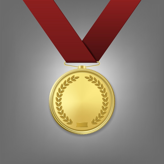 Medalla de oro realista con cinta roja.
